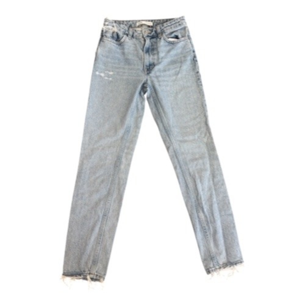 Zara Denim Womens Light Wash High Rise Straight Leg Distressed Raw Hem Jeans 02